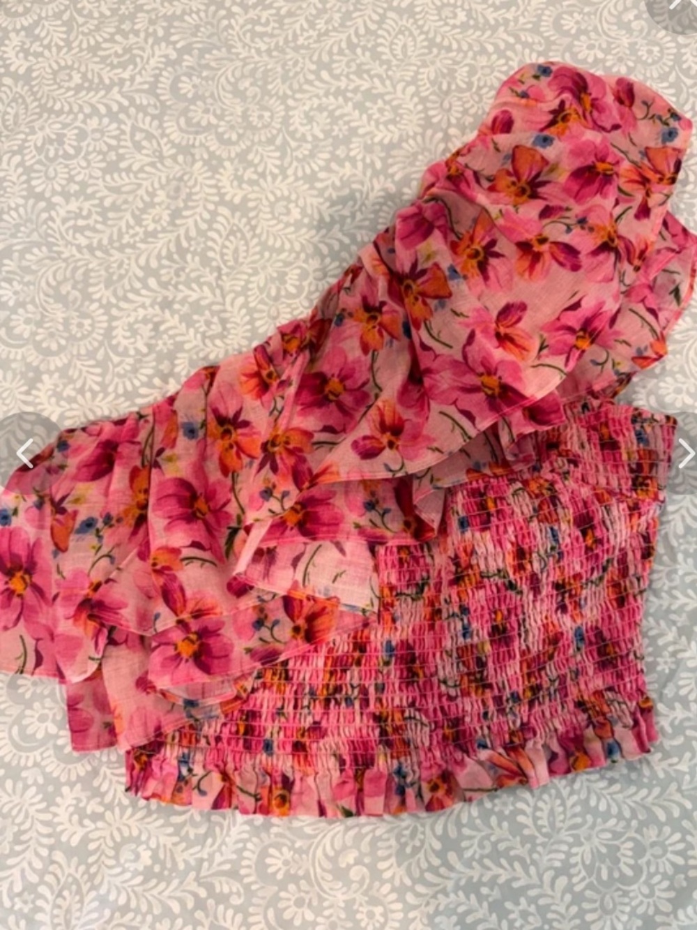 Endless Rose Pink Floral Ruffle Smocked 1 Shoulder Top